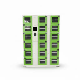 office vending locker front view showing multi-compartment snack and beverage product display