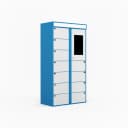 Campus laundry locker bank showing multi-bay configuration and QR code payment panel