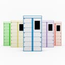 Student-friendly laundry locker detail showing cycle status LED indicator and steel door