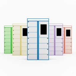 Student-friendly laundry locker detail showing cycle status LED indicator and steel door