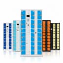 employee phone charging cabinet RFID card reader and PIN keypad panel detail for manufacturing plant