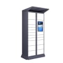 Outdoor parcel locker side angle showing anti-rust powder-coated steel cabinet and optional canopy