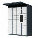 Weatherproof delivery locker installed at open-air residential complex showing 4G connectivity indicator