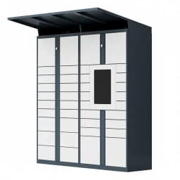 Weatherproof delivery locker installed at open-air residential complex showing 4G connectivity indicator