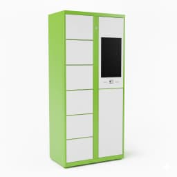 laundry locker detail view showing compartment with touchscreen panel