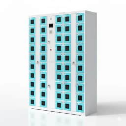 device charging locker showing multiple units deployed at conference